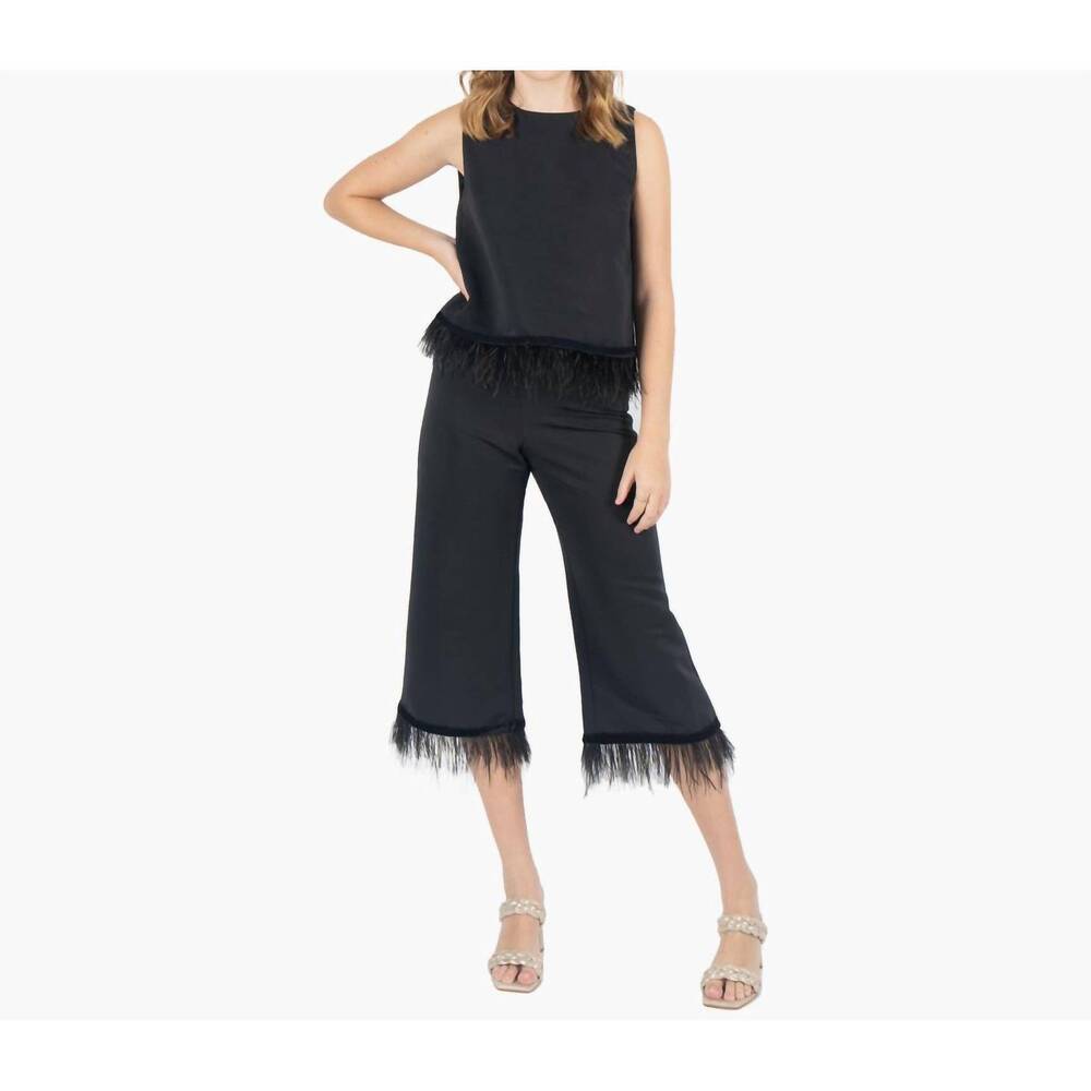 NEW EMILY MCCARTHY side zip feather fringe party pant in black